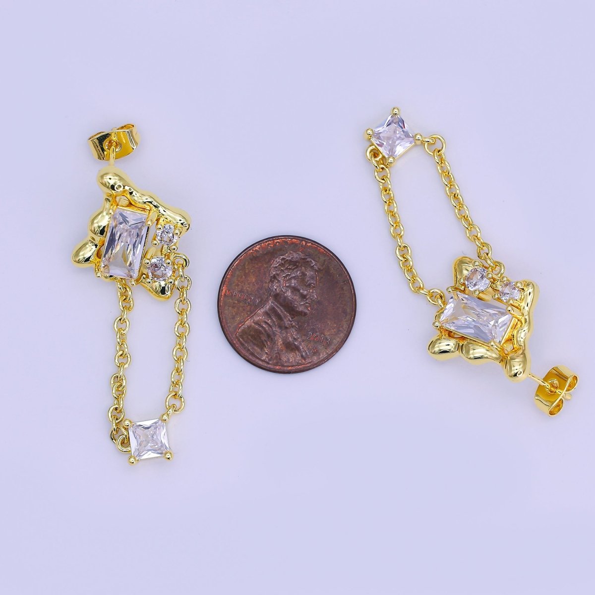 24K Gold Filled Clear Baguette Molten Chain Drop Stud Earrings | AI501 - DLUXCA