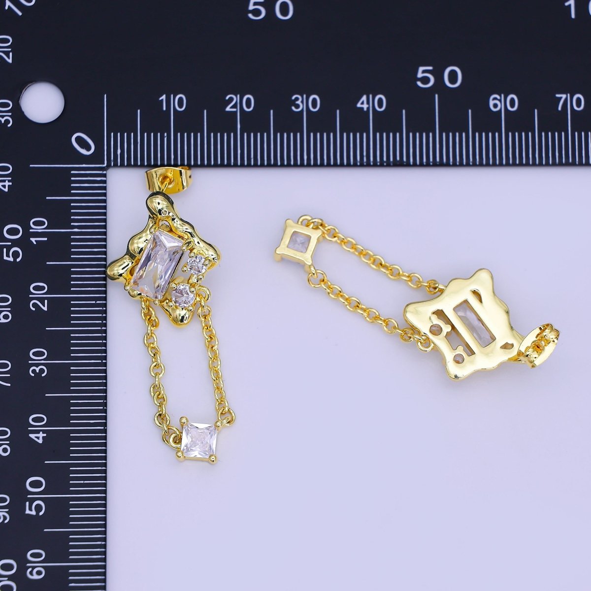 24K Gold Filled Clear Baguette Molten Chain Drop Stud Earrings | AI501 - DLUXCA