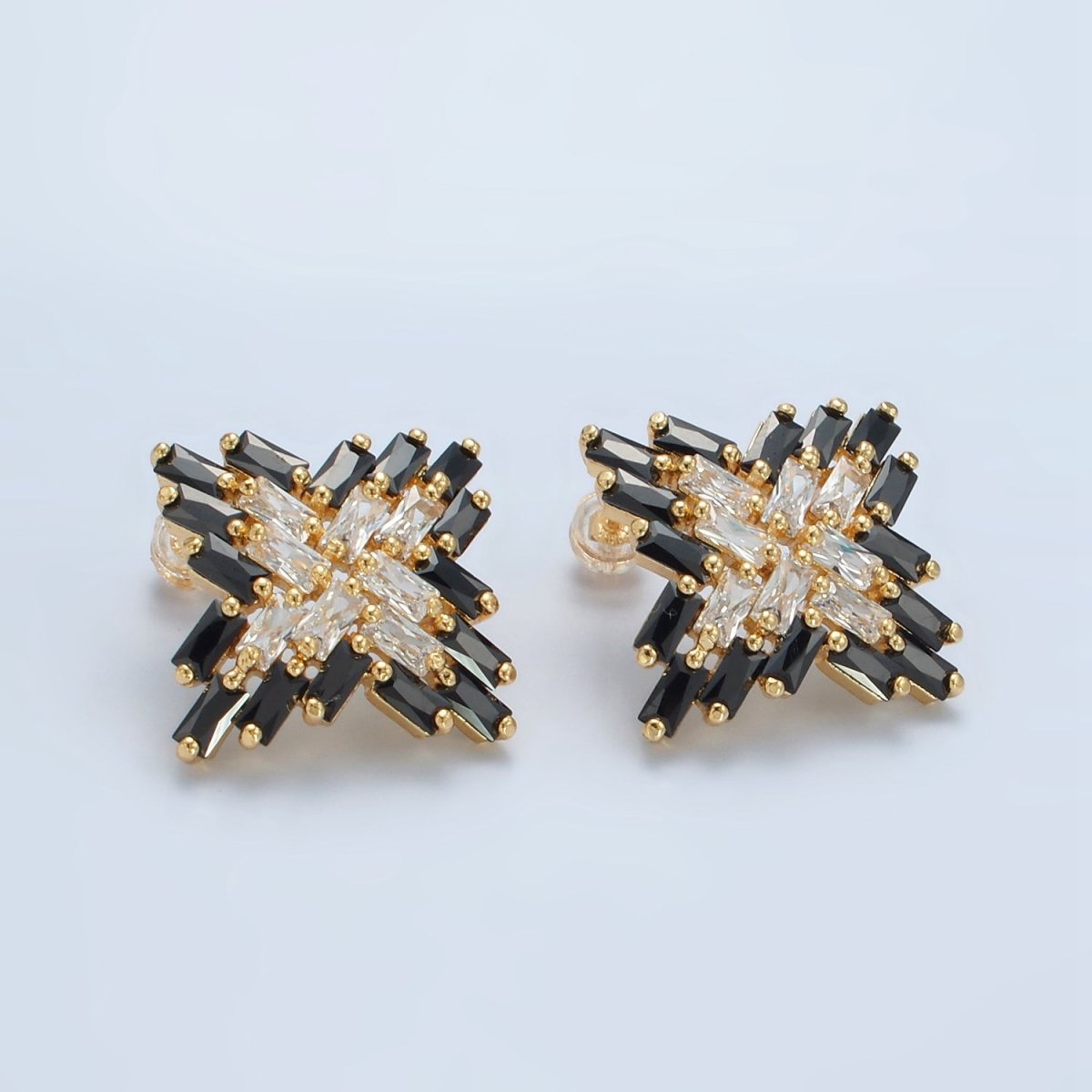 24K Gold Filled Clear Black Baguette CZ Celestial Star Stud Earrings | Q308 - DLUXCA