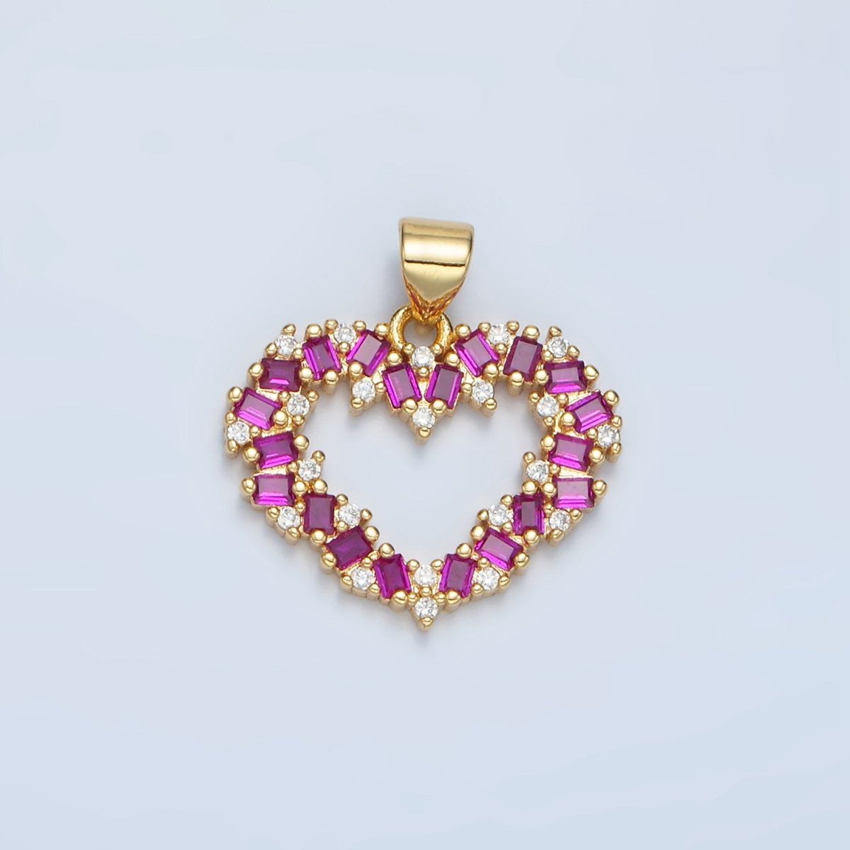 24K Gold Filled Clear, Black, Fuchsia CZ Baguette Open Heart Pendant | AA856 - AA857 - DLUXCA