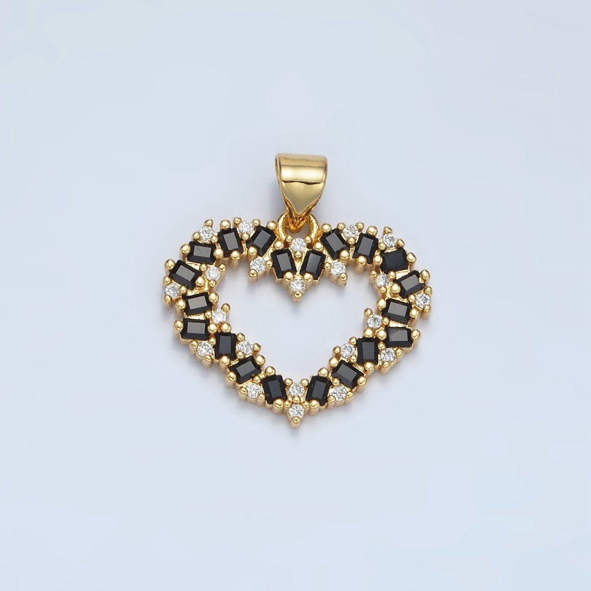 24K Gold Filled Clear, Black, Fuchsia CZ Baguette Open Heart Pendant | AA856 - AA857 - DLUXCA