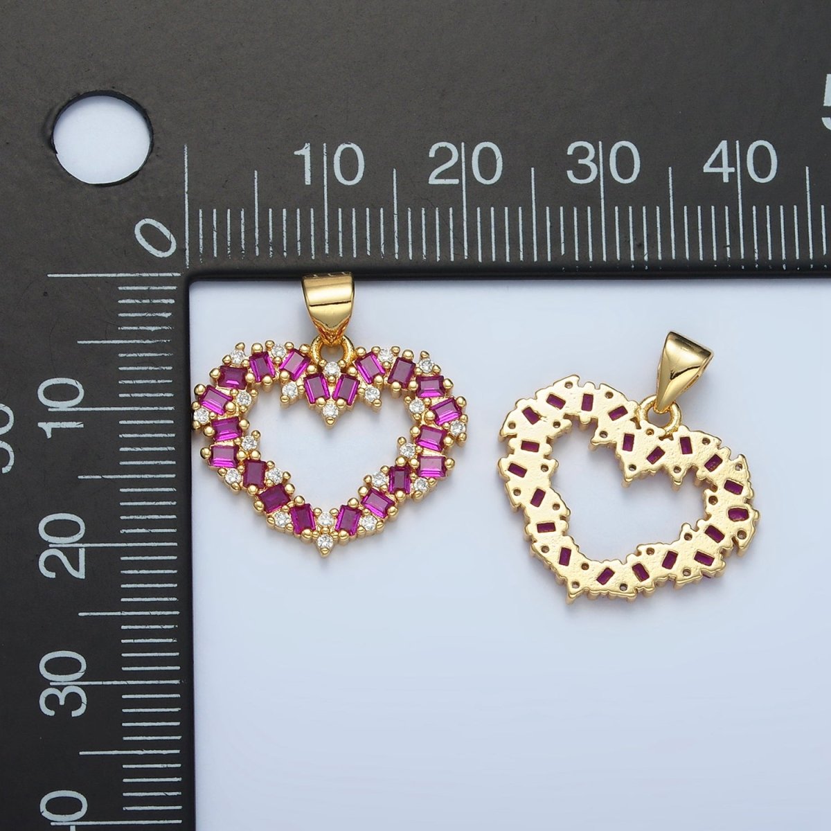 24K Gold Filled Clear, Black, Fuchsia CZ Baguette Open Heart Pendant | AA856 - AA857 - DLUXCA