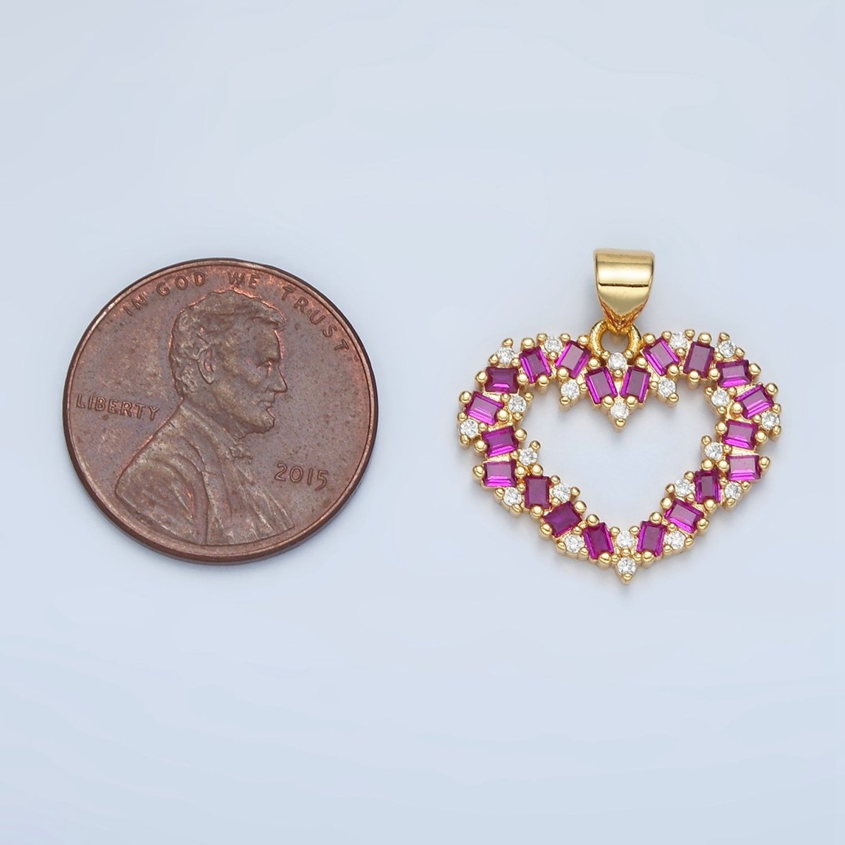 24K Gold Filled Clear, Black, Fuchsia CZ Baguette Open Heart Pendant | AA856 - AA857 - DLUXCA