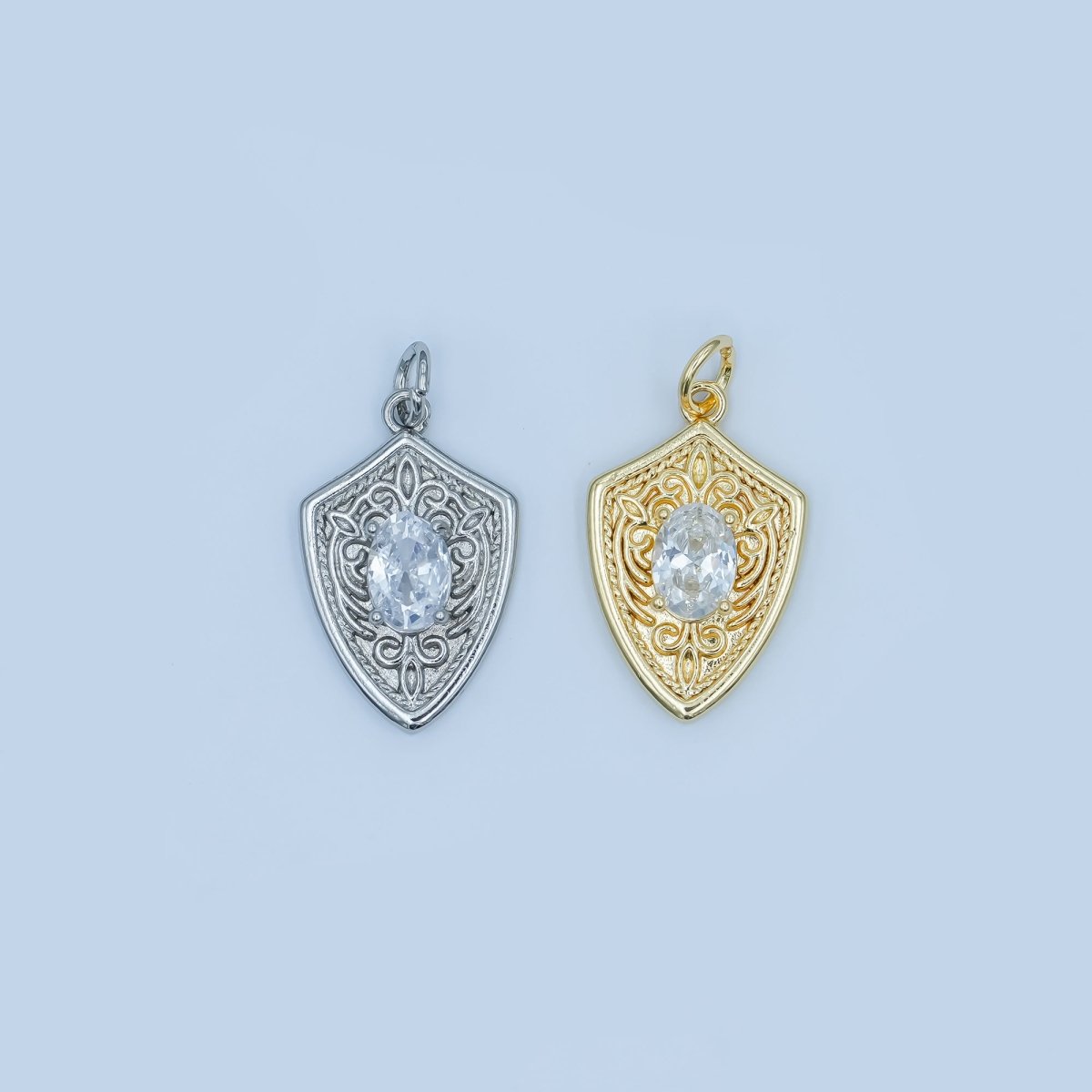 24K Gold Filled Clear CZ Artisan Shield Charm in Gold & Silver | C917 - DLUXCA