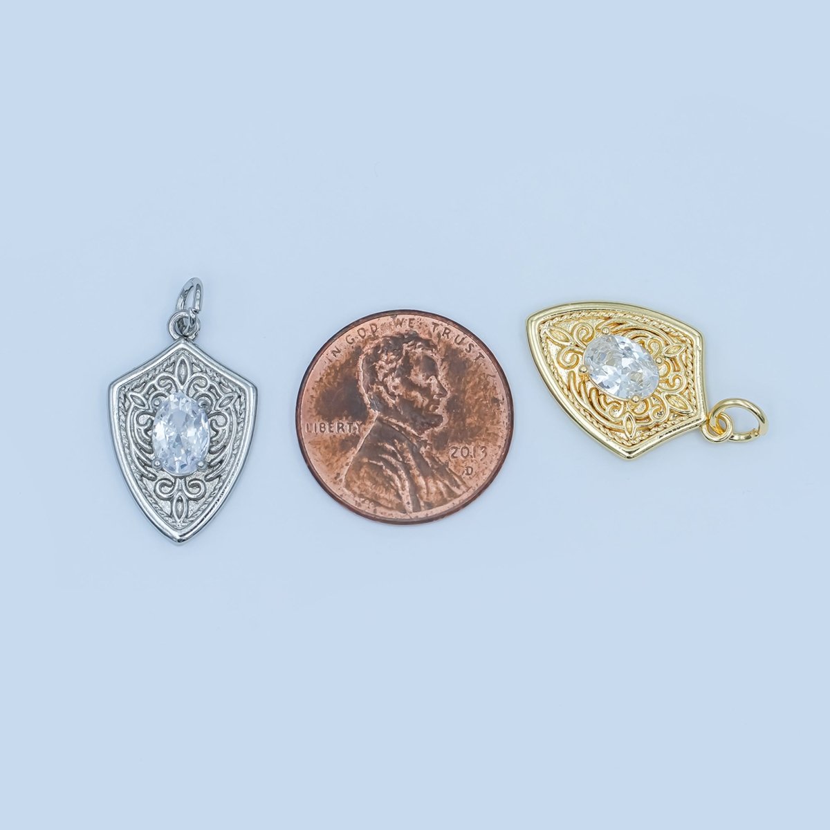 24K Gold Filled Clear CZ Artisan Shield Charm in Gold & Silver | C917 - DLUXCA