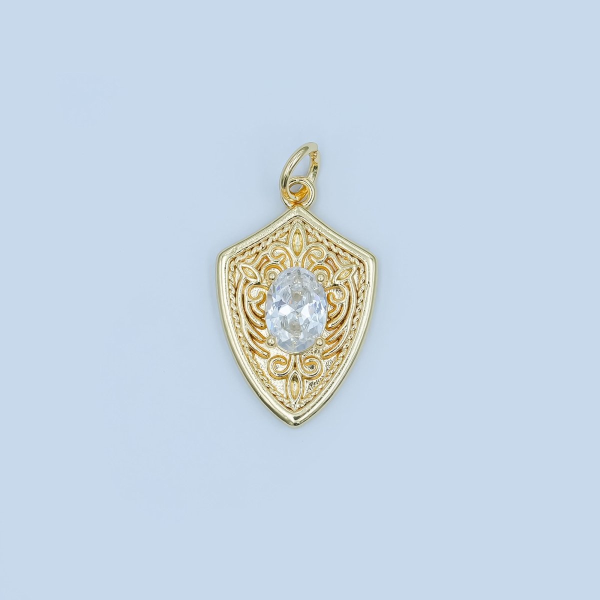 24K Gold Filled Clear CZ Artisan Shield Charm in Gold & Silver | C917 - DLUXCA