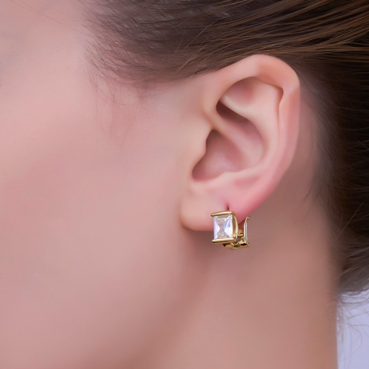 24K Gold Filled Clear CZ Baguette Double Sided Huggie Hoop Earrings | V524 - DLUXCA