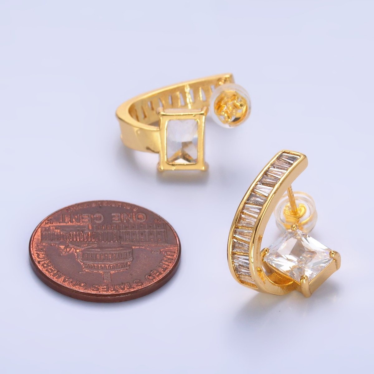 24K Gold Filled Clear CZ Baguette J - Shaped Hoop Earrings | AB713 - DLUXCA