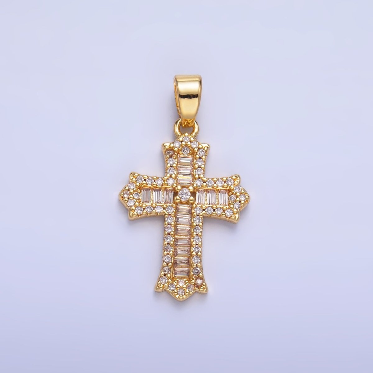 24K Gold Filled Clear CZ Baguette Micro Paved Passion Religious Cross Pendant | AA1329 - DLUXCA