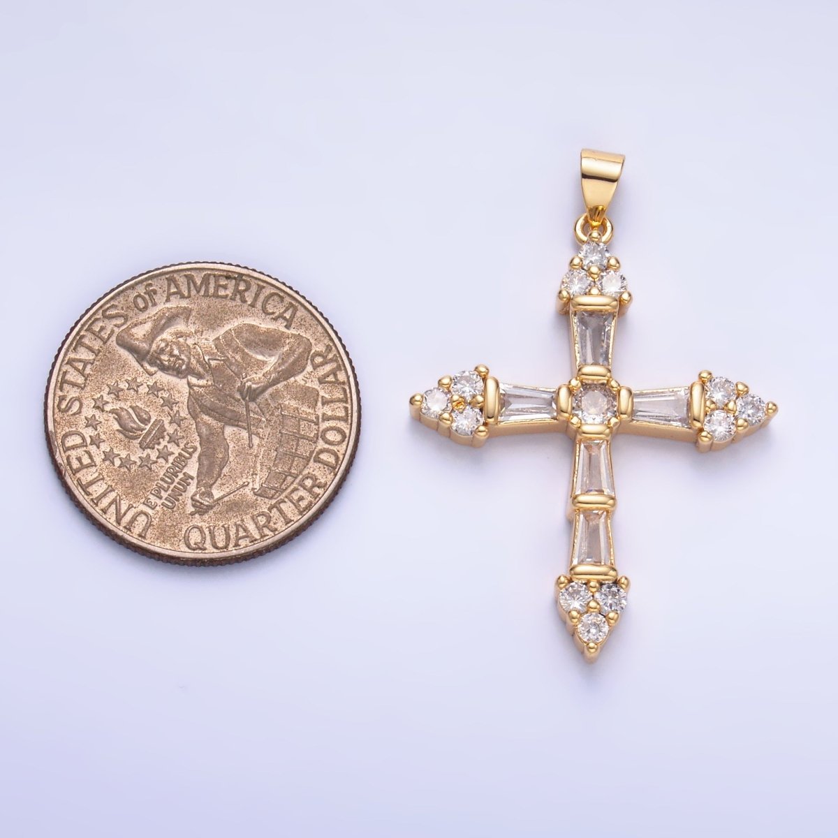 24K Gold Filled Clear CZ Baguette Micro Paved Religious Cross Pendant | AA1192 - DLUXCA