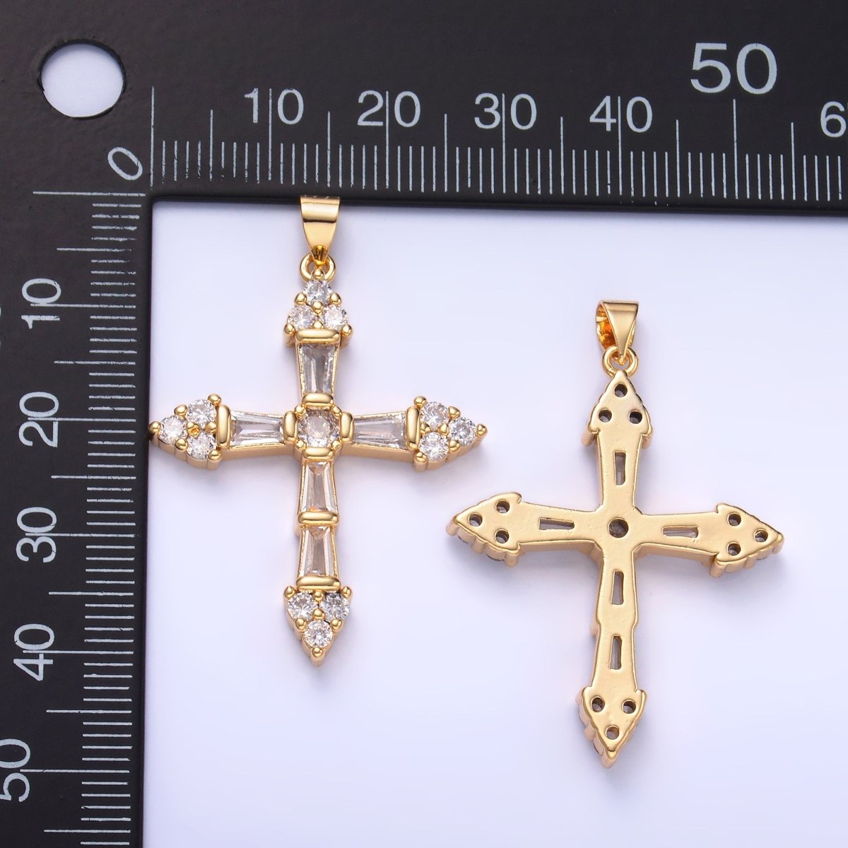 24K Gold Filled Clear CZ Baguette Micro Paved Religious Cross Pendant | AA1192 - DLUXCA