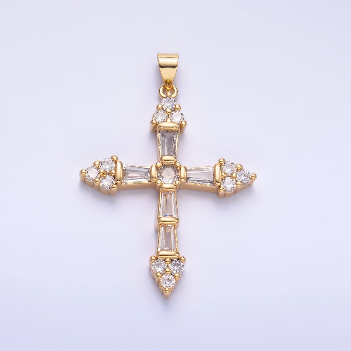 24K Gold Filled Clear CZ Baguette Micro Paved Religious Cross Pendant | AA1192 - DLUXCA