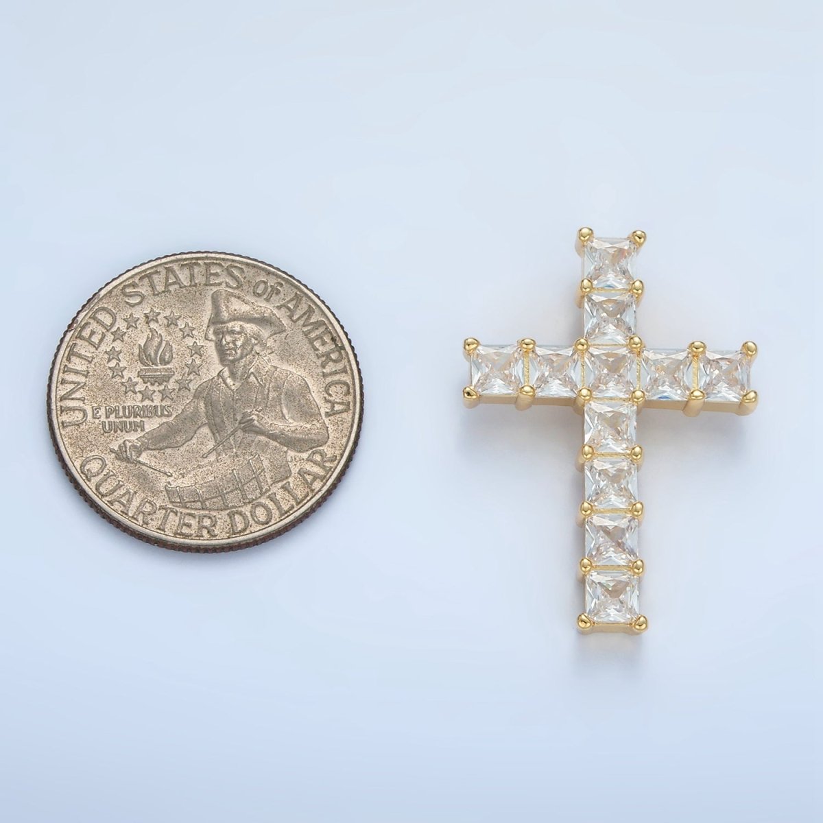 24K Gold Filled Clear CZ Baguette Religious Cross Pendant | AA869 - DLUXCA