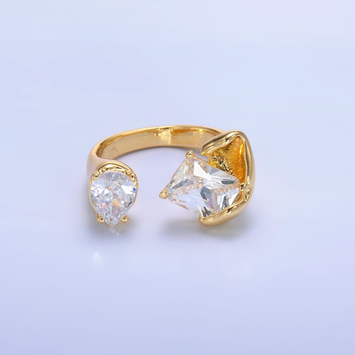 24K Gold Filled Clear CZ Baguette Teardrop Molten Wrap Claw Ring | O844 - DLUXCA