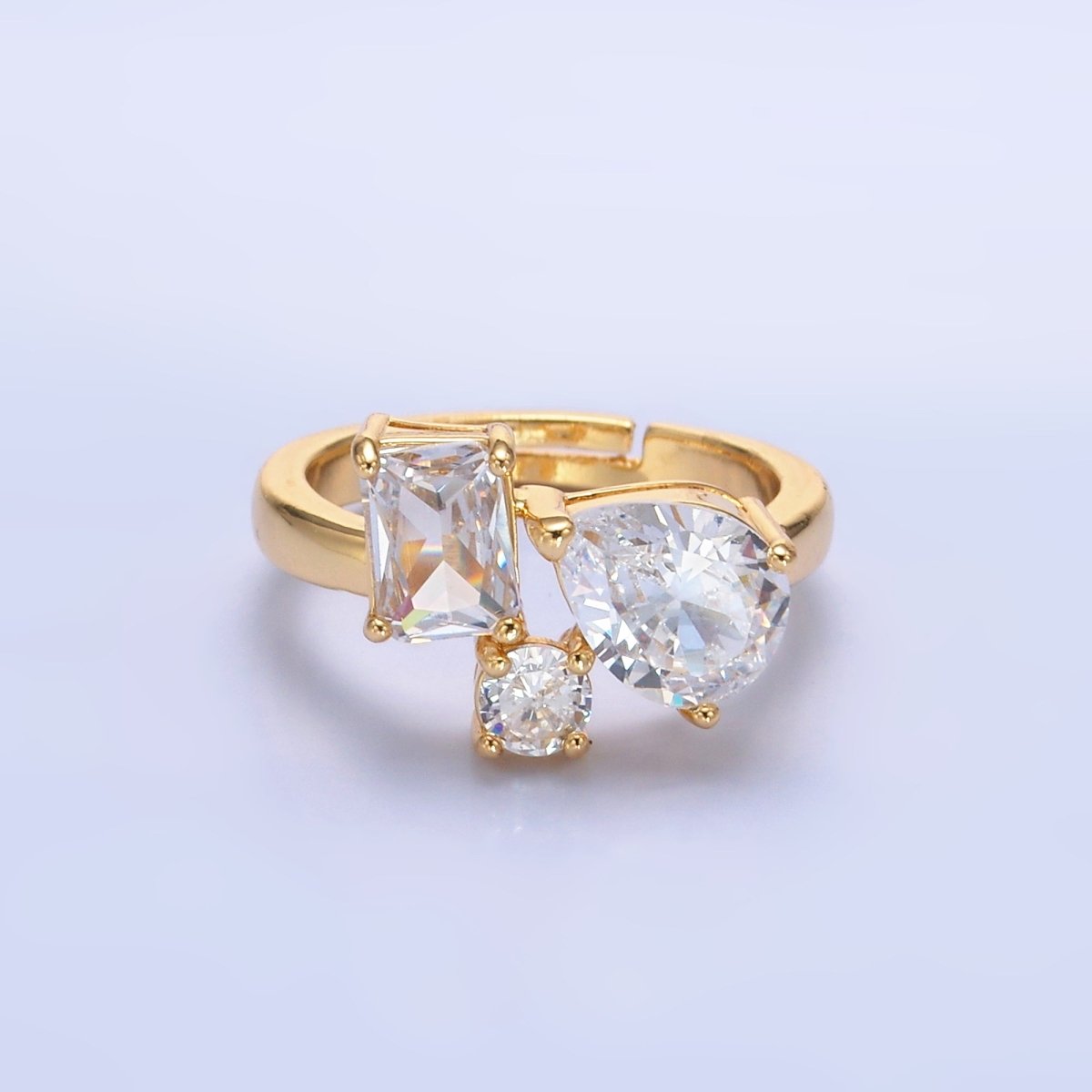 24K Gold Filled Clear CZ Baguette Teardrop Round Ring | O847 - DLUXCA