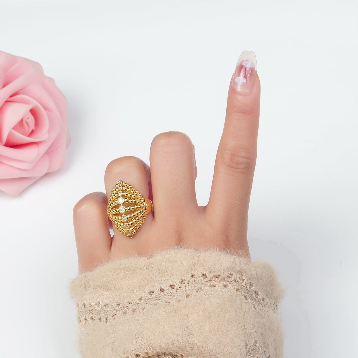 24K Gold Filled Clear CZ Beaded Bubble Sphere Geometric Ring | O1394 - DLUXCA