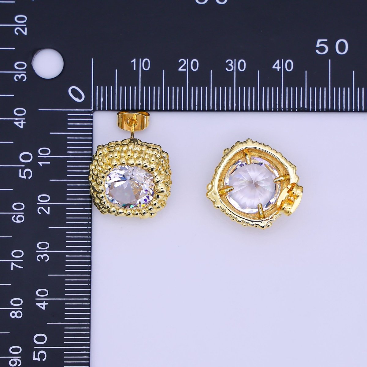 24K Gold Filled Clear CZ Bubble Dotted Bezel Square Stud Earrings | AI480 - DLUXCA