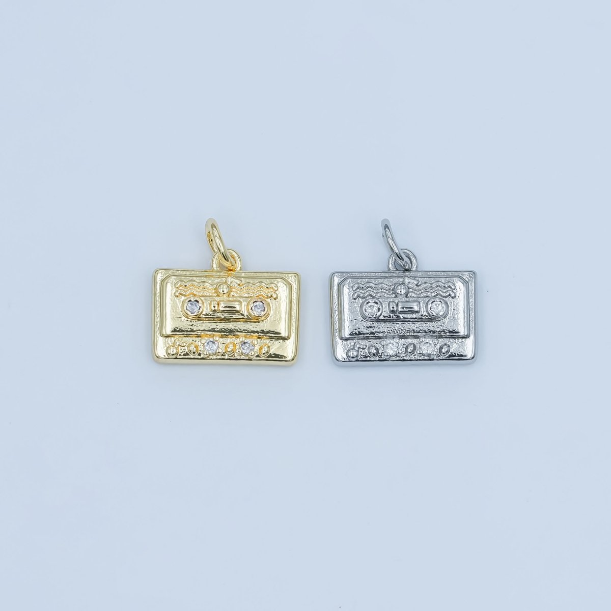 24K Gold Filled Clear CZ Cassette Tape Charm in Gold & Silver | E489 - DLUXCA