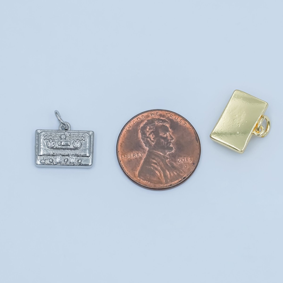 24K Gold Filled Clear CZ Cassette Tape Charm in Gold & Silver | E489 - DLUXCA