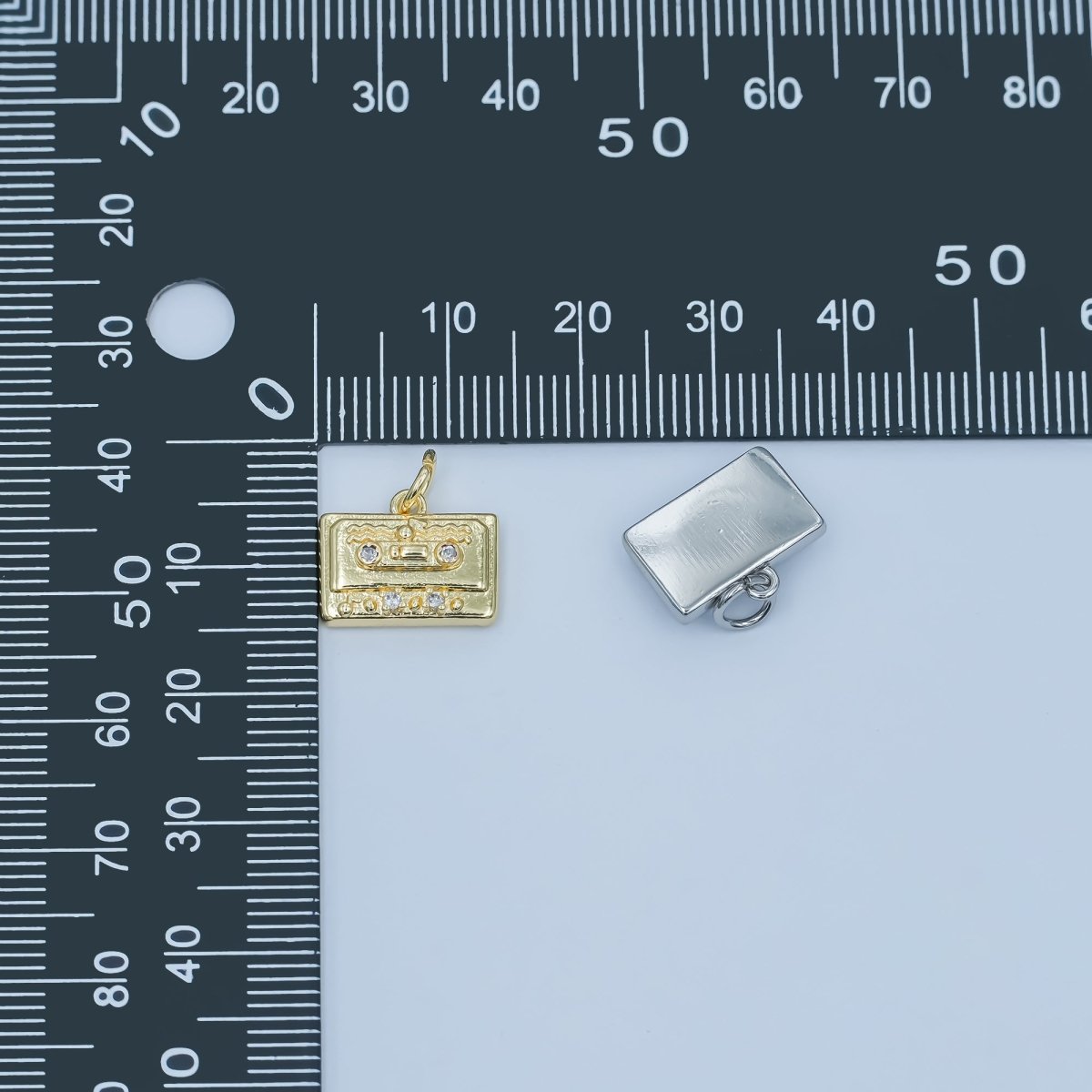24K Gold Filled Clear CZ Cassette Tape Charm in Gold & Silver | E489 - DLUXCA