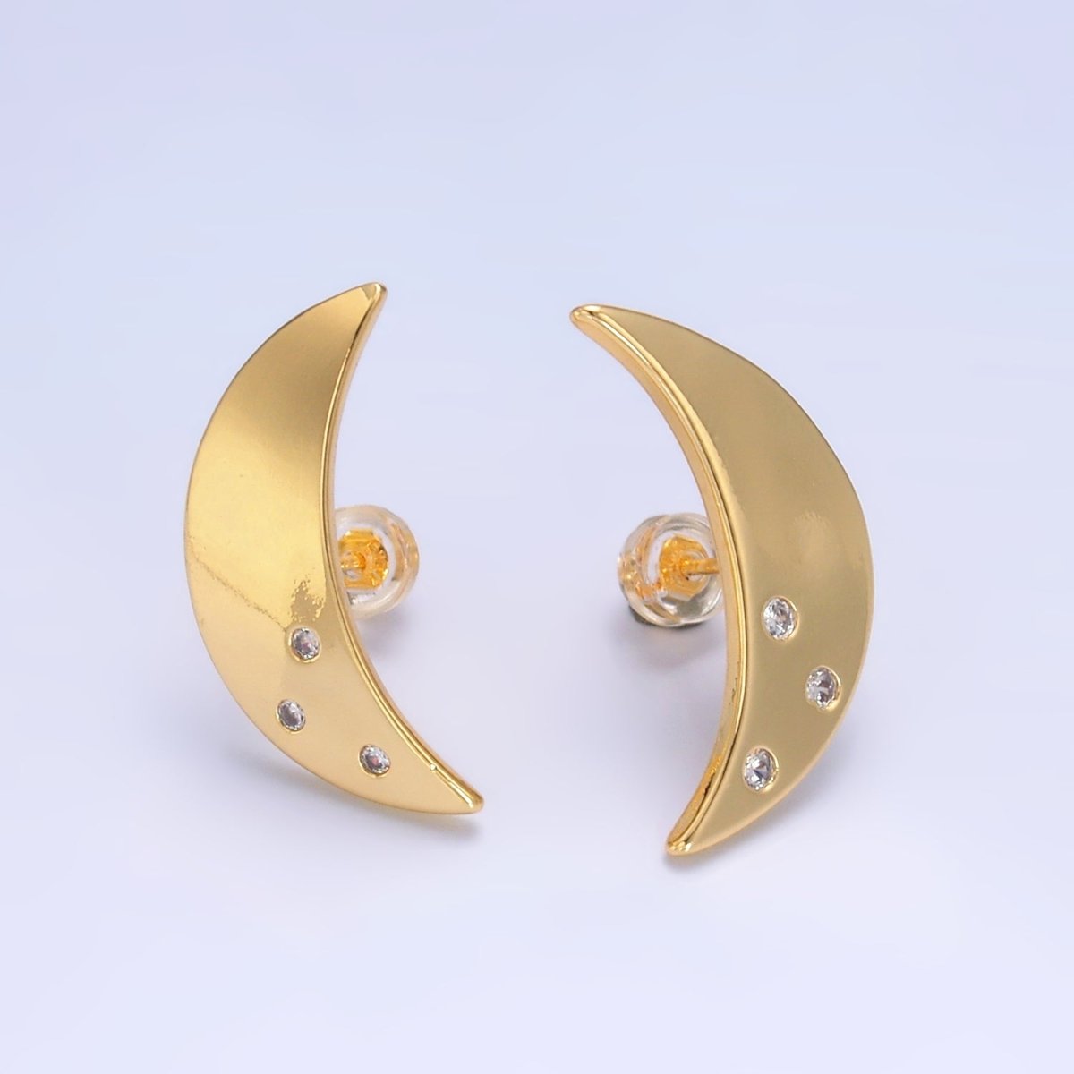 24K Gold Filled Clear CZ Celestial Crescent Moon Stud Earrings | AB081 - DLUXCA