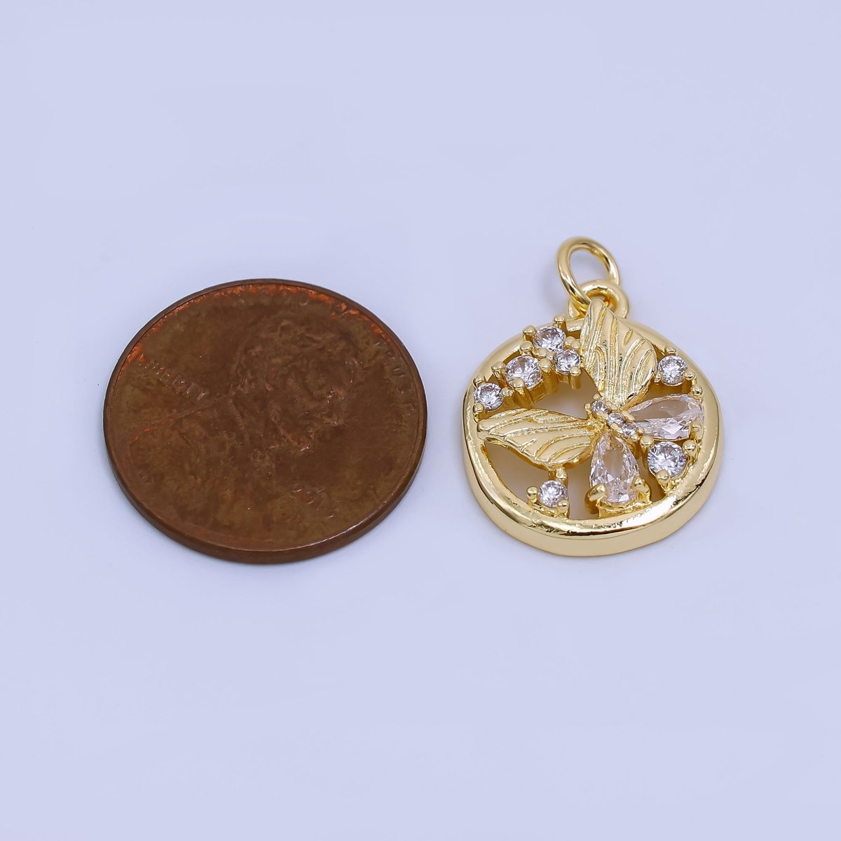 24K Gold Filled Clear CZ Cluster Butterfly Mariposa Open Round Charm | AC1600 - DLUXCA