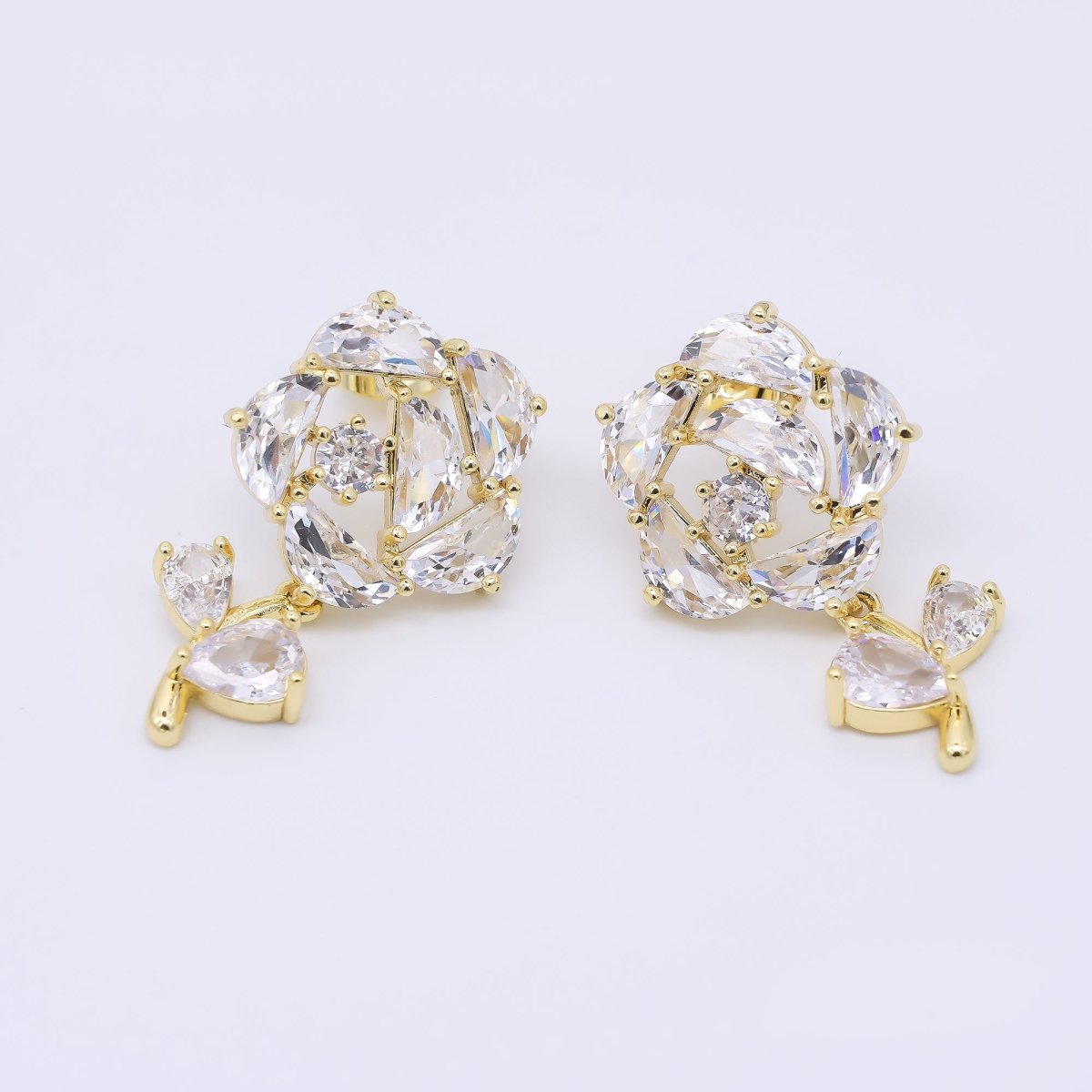 24K Gold Filled Clear CZ Cluster Rose Flower Stud Earrings | AI482 - DLUXCA