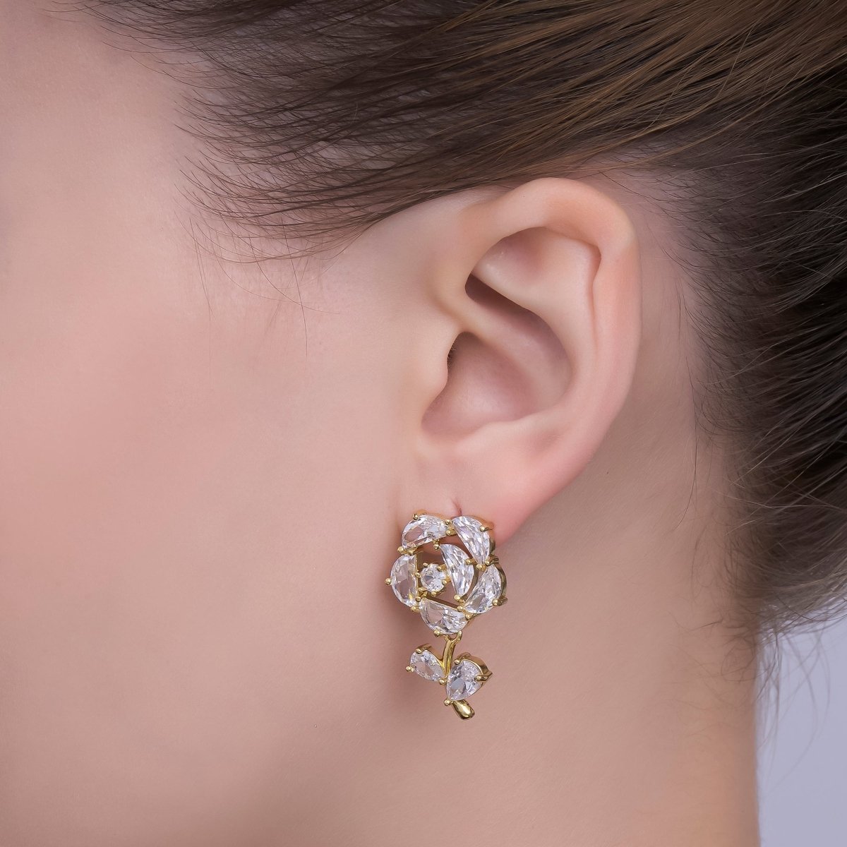 24K Gold Filled Clear CZ Cluster Rose Flower Stud Earrings | AI482 - DLUXCA