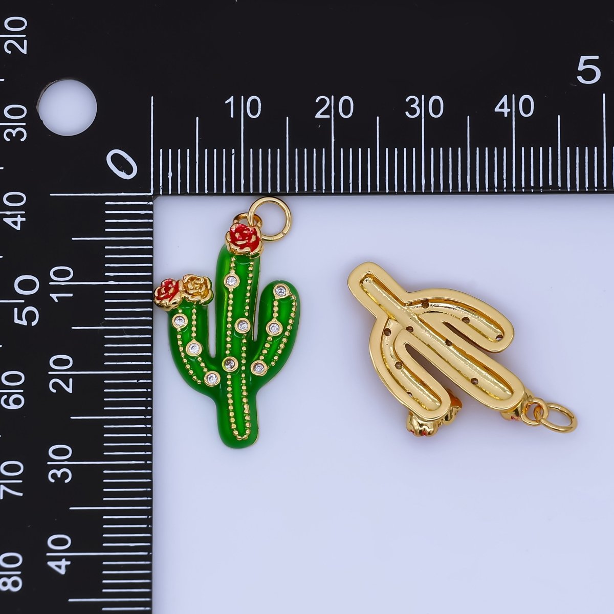 24K Gold Filled Clear CZ Dotted Enamel Red Flower Cactus Plant Charm | AJ433 AJ434 - DLUXCA