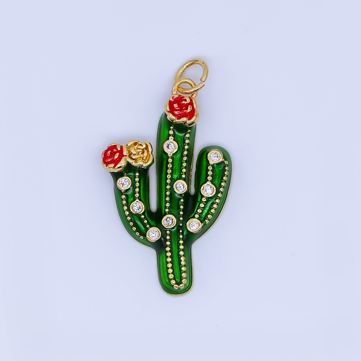 24K Gold Filled Clear CZ Dotted Enamel Red Flower Cactus Plant Charm | AJ433 AJ434 - DLUXCA