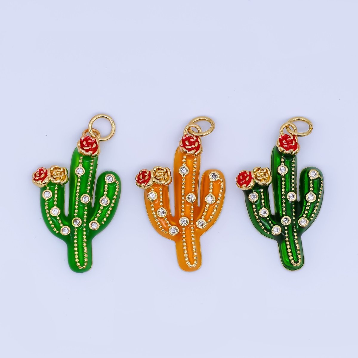 24K Gold Filled Clear CZ Dotted Enamel Red Flower Cactus Plant Charm | AJ433 AJ434 - DLUXCA