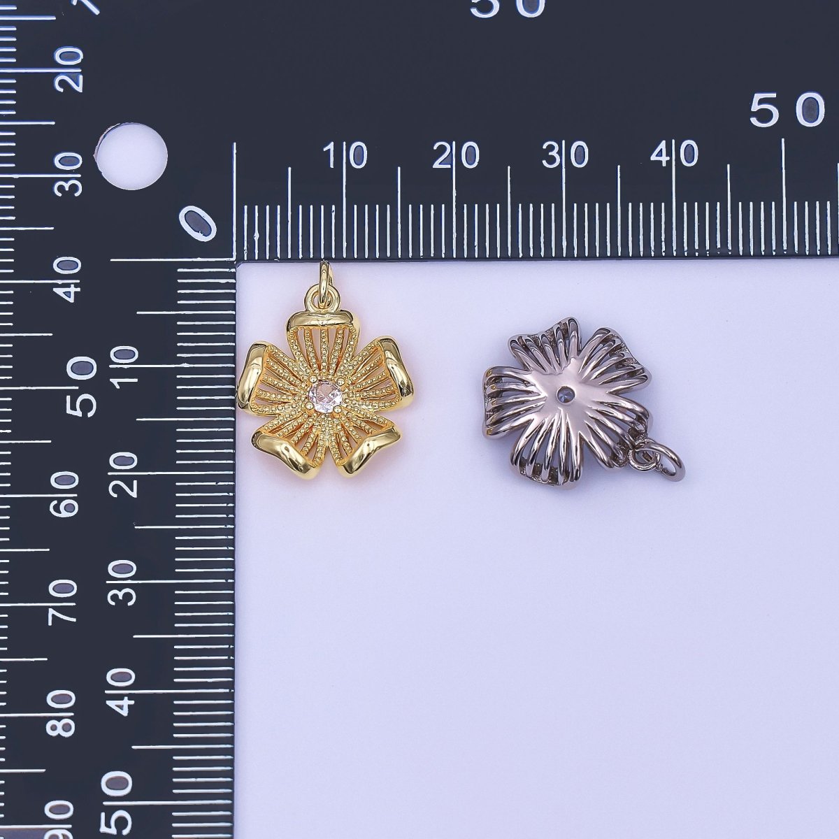 24K Gold Filled Clear CZ Dotted Flower Charm in Gold & Silver | AF434 - DLUXCA