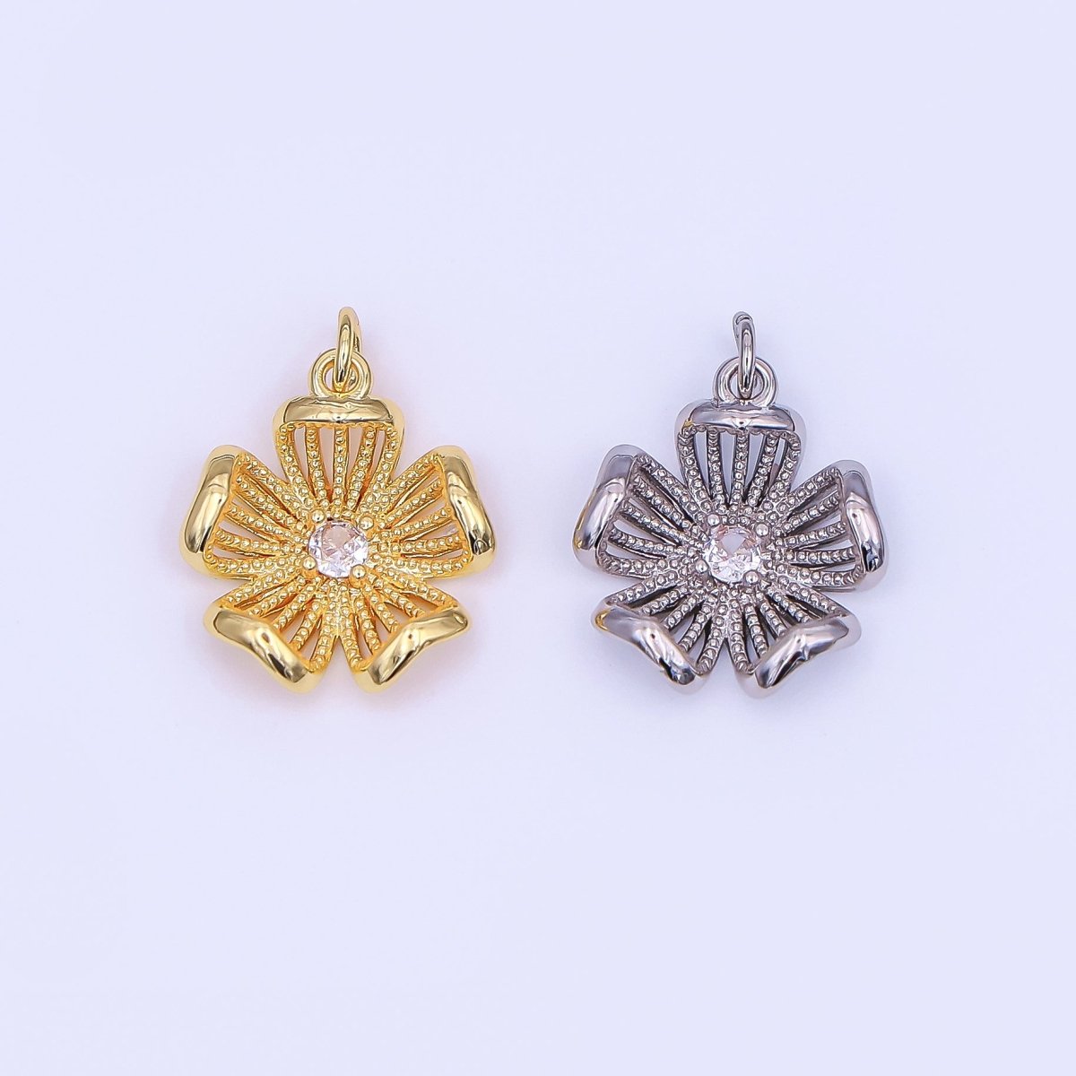 24K Gold Filled Clear CZ Dotted Flower Charm in Gold & Silver | AF434 - DLUXCA