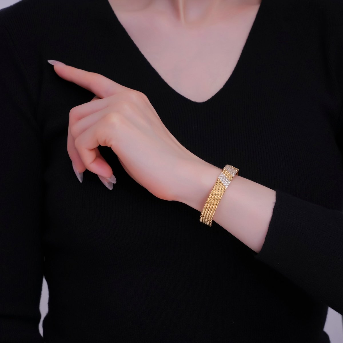 24K Gold Filled Clear CZ Dotted Geometric Cuff Bracelet | WA - 3067 - DLUXCA