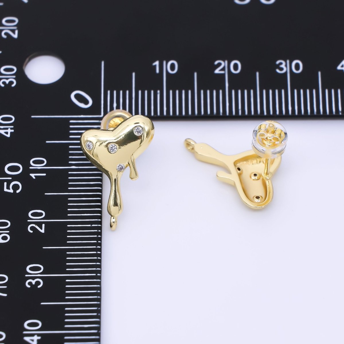 24K Gold Filled Clear CZ Dotted Molten Heart Drop Stud Earring Findings | Z1272 - DLUXCA