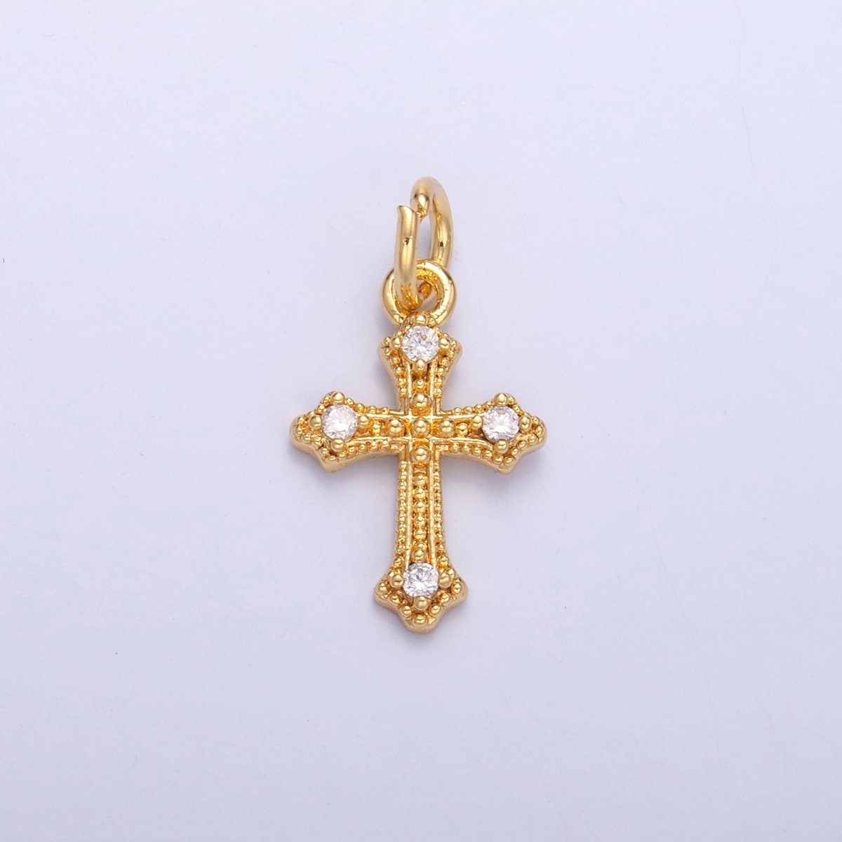 24K Gold Filled Clear CZ Dotted Passion Cross Charm in Gold & Silver | N071 - DLUXCA