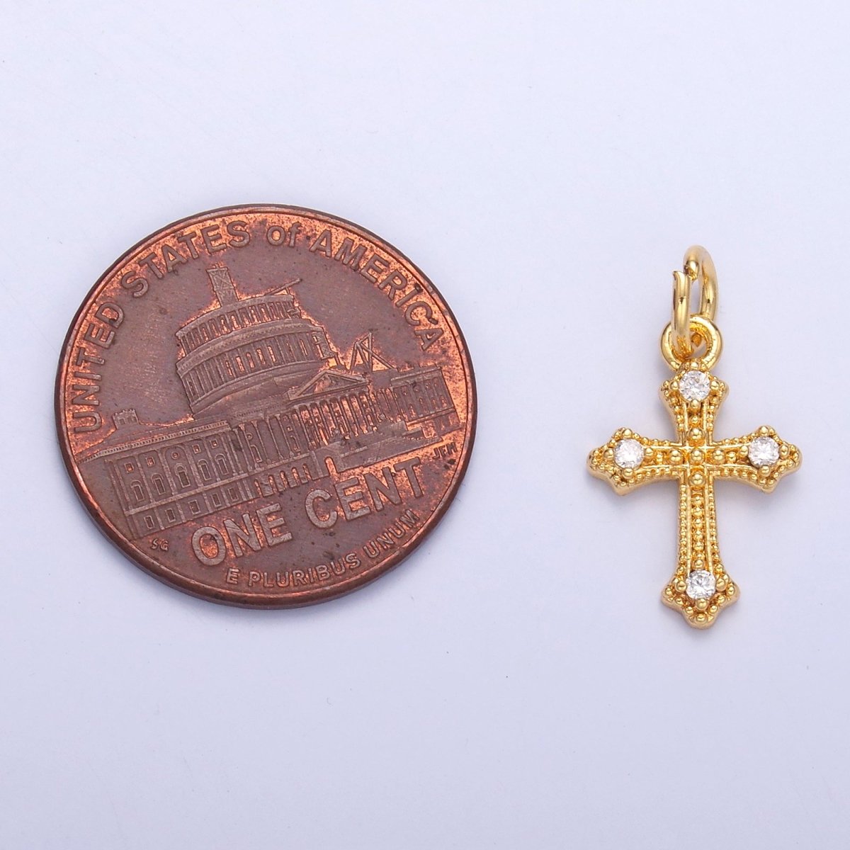 24K Gold Filled Clear CZ Dotted Passion Cross Charm in Gold & Silver | N071 - DLUXCA