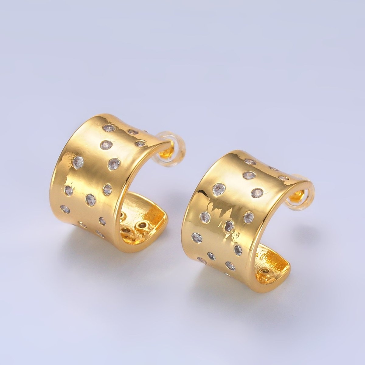 24K Gold Filled Clear CZ Dotted Wide C - Shaped Hoop Earrings | AD547 - DLUXCA