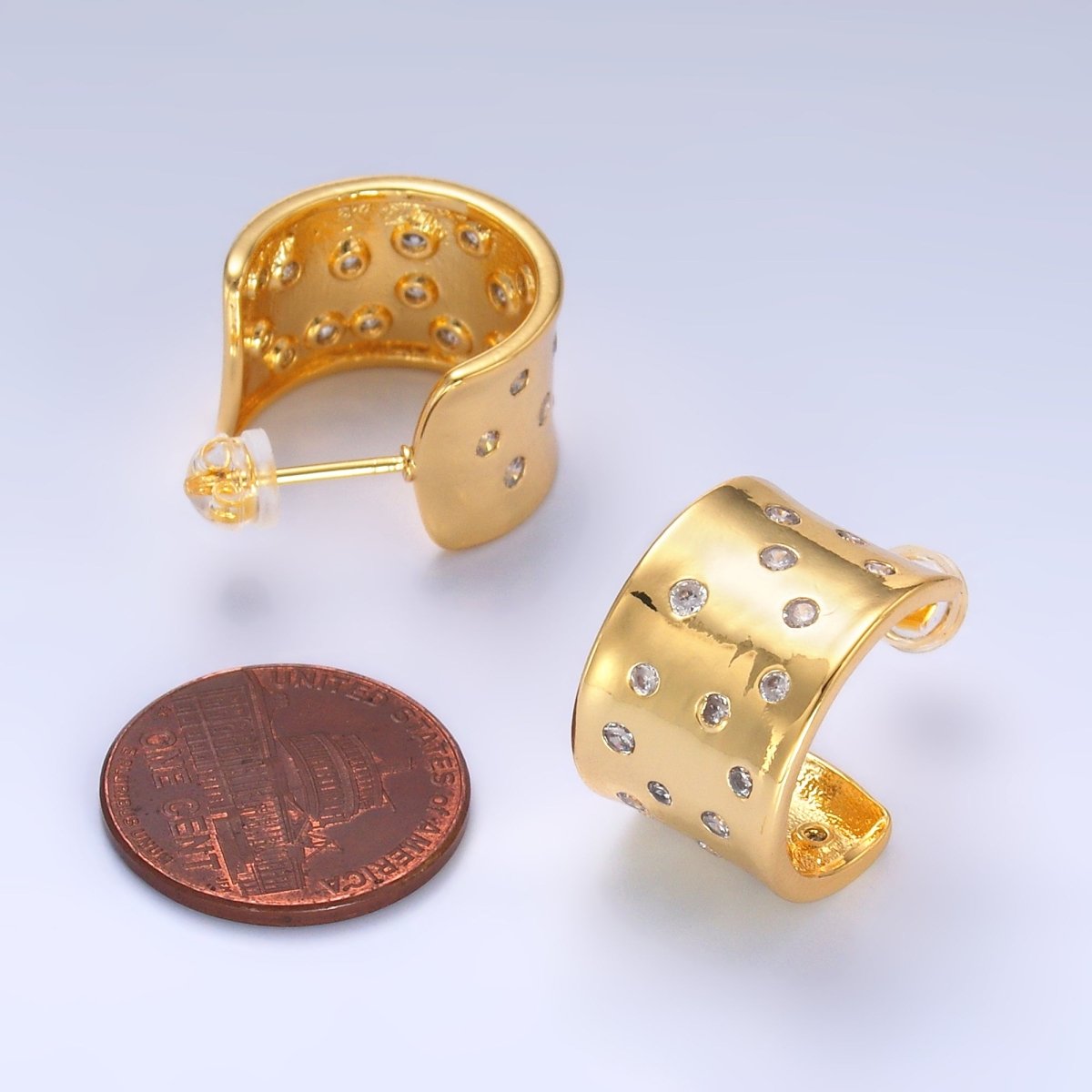 24K Gold Filled Clear CZ Dotted Wide C - Shaped Hoop Earrings | AD547 - DLUXCA