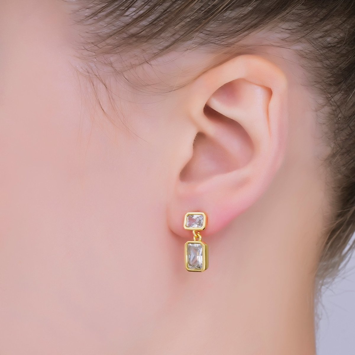 24K Gold Filled Clear CZ Double Square Baguette Drop Stud Earrings | AB1589 - DLUXCA