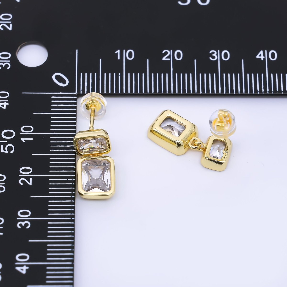 24K Gold Filled Clear CZ Double Square Baguette Drop Stud Earrings | AB1589 - DLUXCA