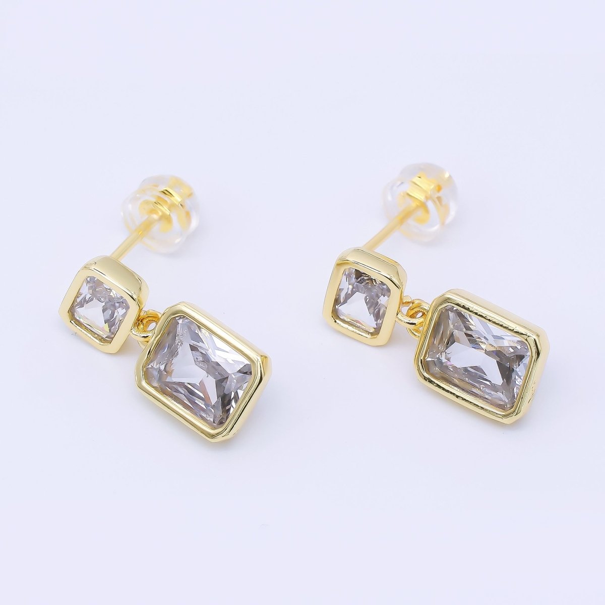 24K Gold Filled Clear CZ Double Square Baguette Drop Stud Earrings | AB1589 - DLUXCA