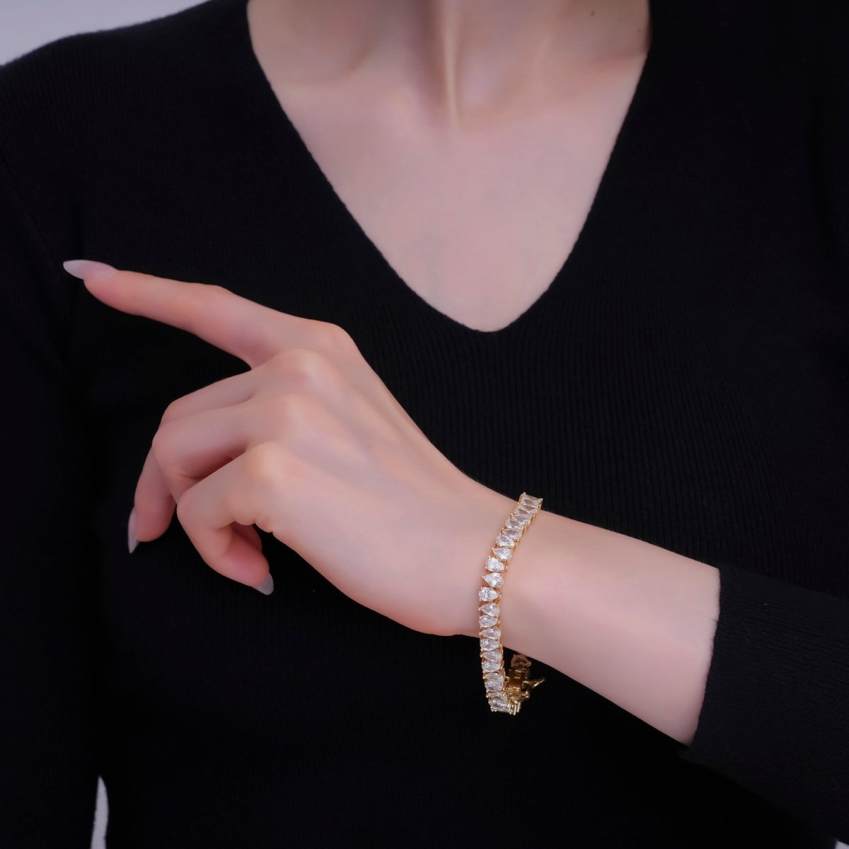 24K Gold Filled Clear CZ Double Teardrop Tennis Chain Bracelet in Gold & Silver | WA - 3140 WA - 3141 - DLUXCA