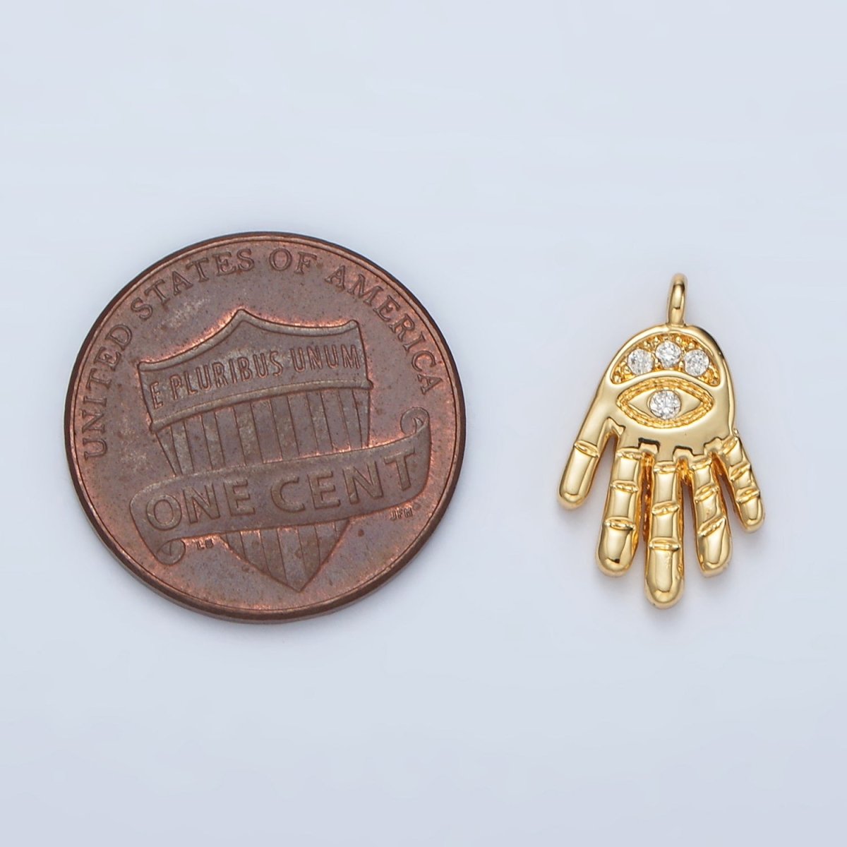 24K Gold Filled Clear CZ Evil Eye Hamsa Hand Religious Charm | M808 - DLUXCA