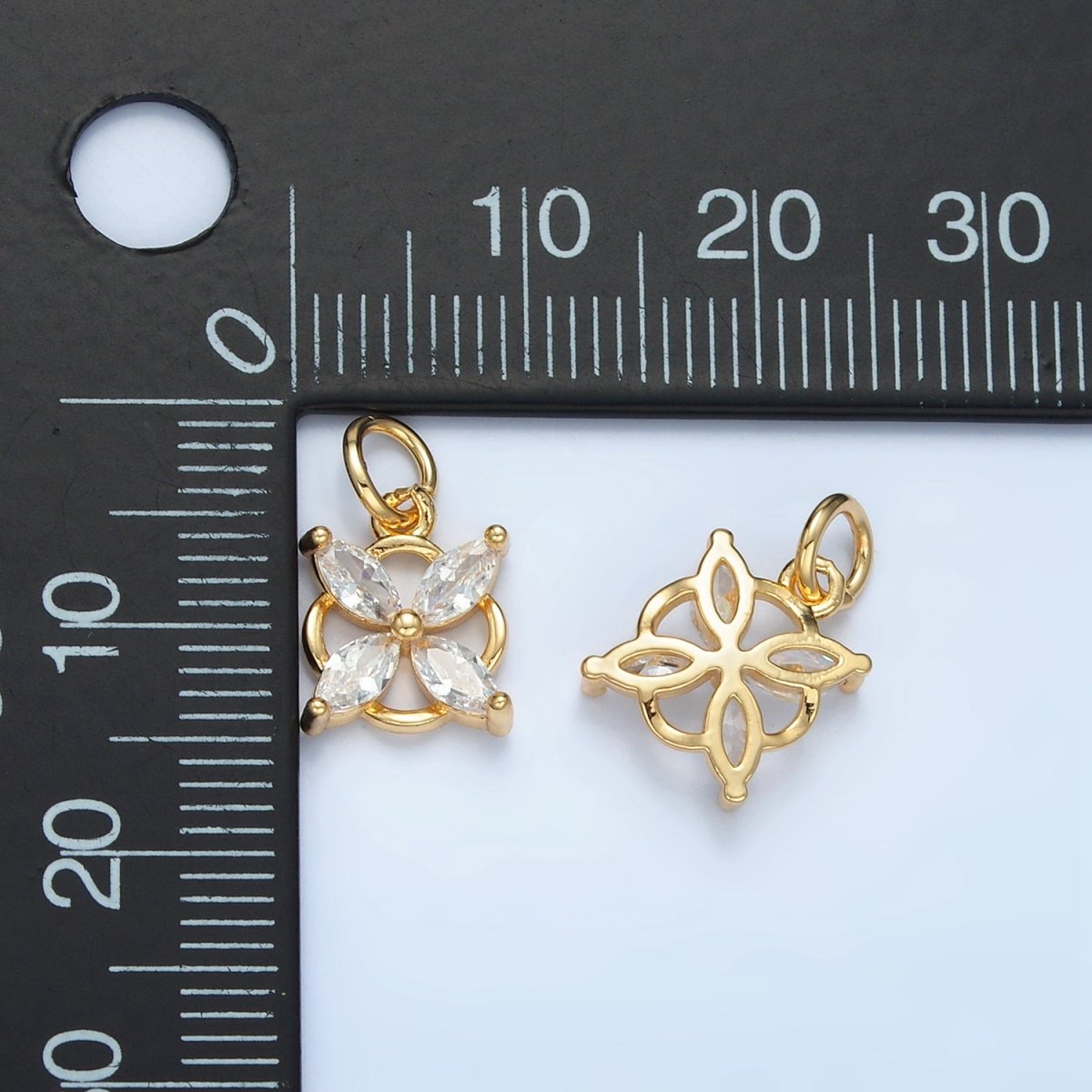 24K Gold Filled Clear CZ Flower Open Bezel Charm | E731 - DLUXCA