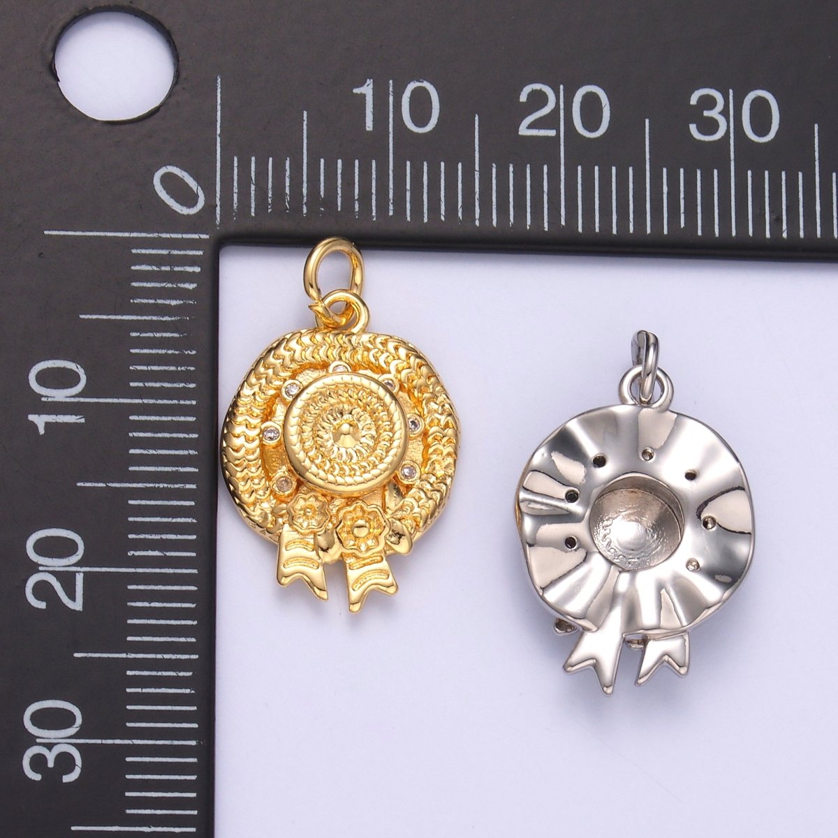 24K Gold Filled Clear CZ Flower Woven Beach Hat Charm in Gold & Silver | N015 - DLUXCA