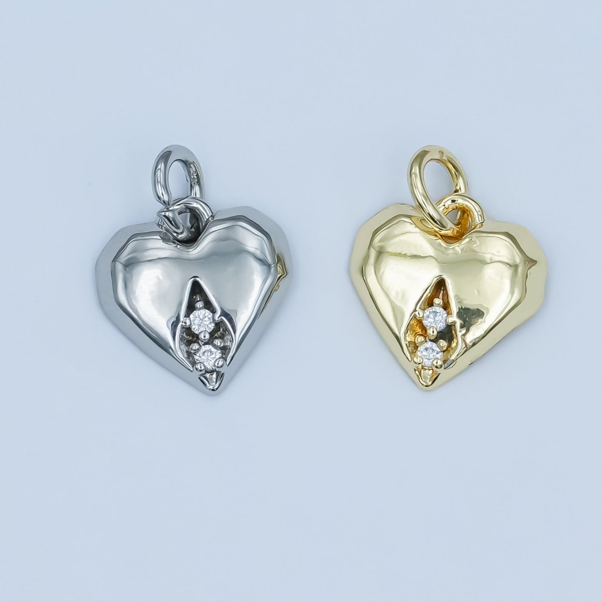 24K Gold Filled Clear CZ Geometric Edged Heart Charm in Gold & Silver | E554 - DLUXCA