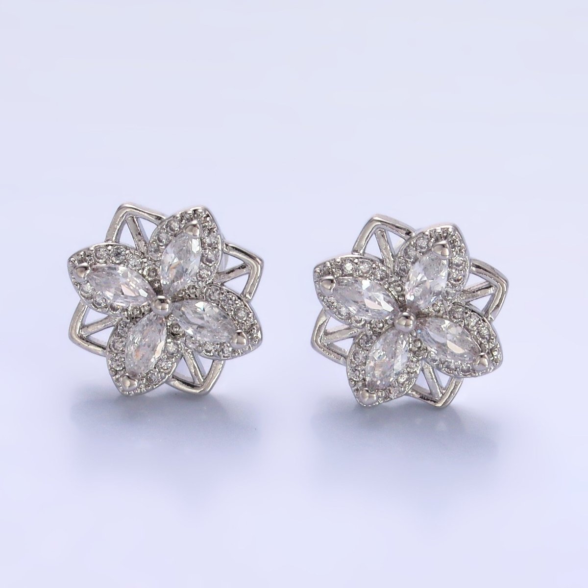 24K Gold Filled Clear CZ Geometric Flower Stud Earrings in Gold & Silver | AB690 AB691 - DLUXCA