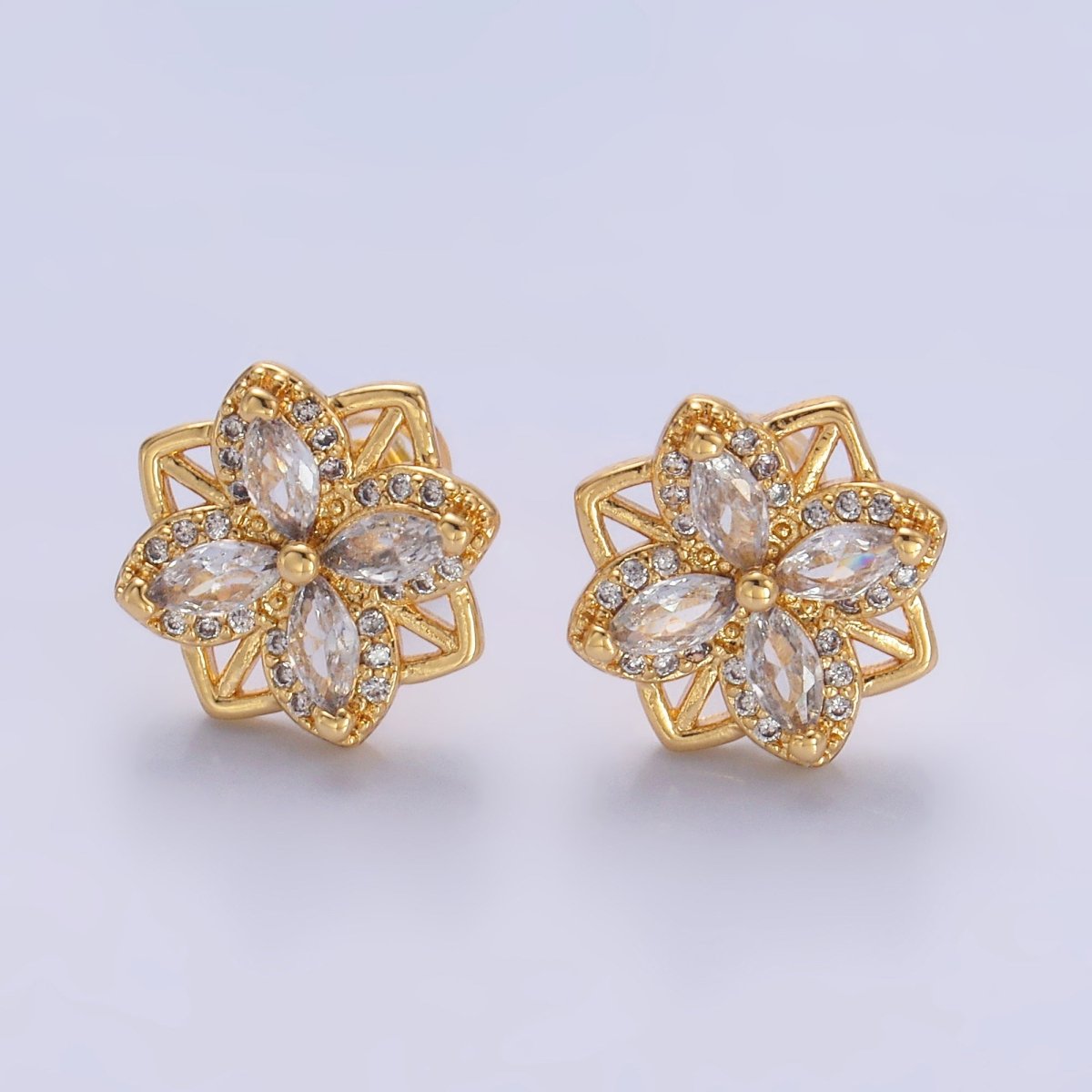24K Gold Filled Clear CZ Geometric Flower Stud Earrings in Gold & Silver | AB690 AB691 - DLUXCA