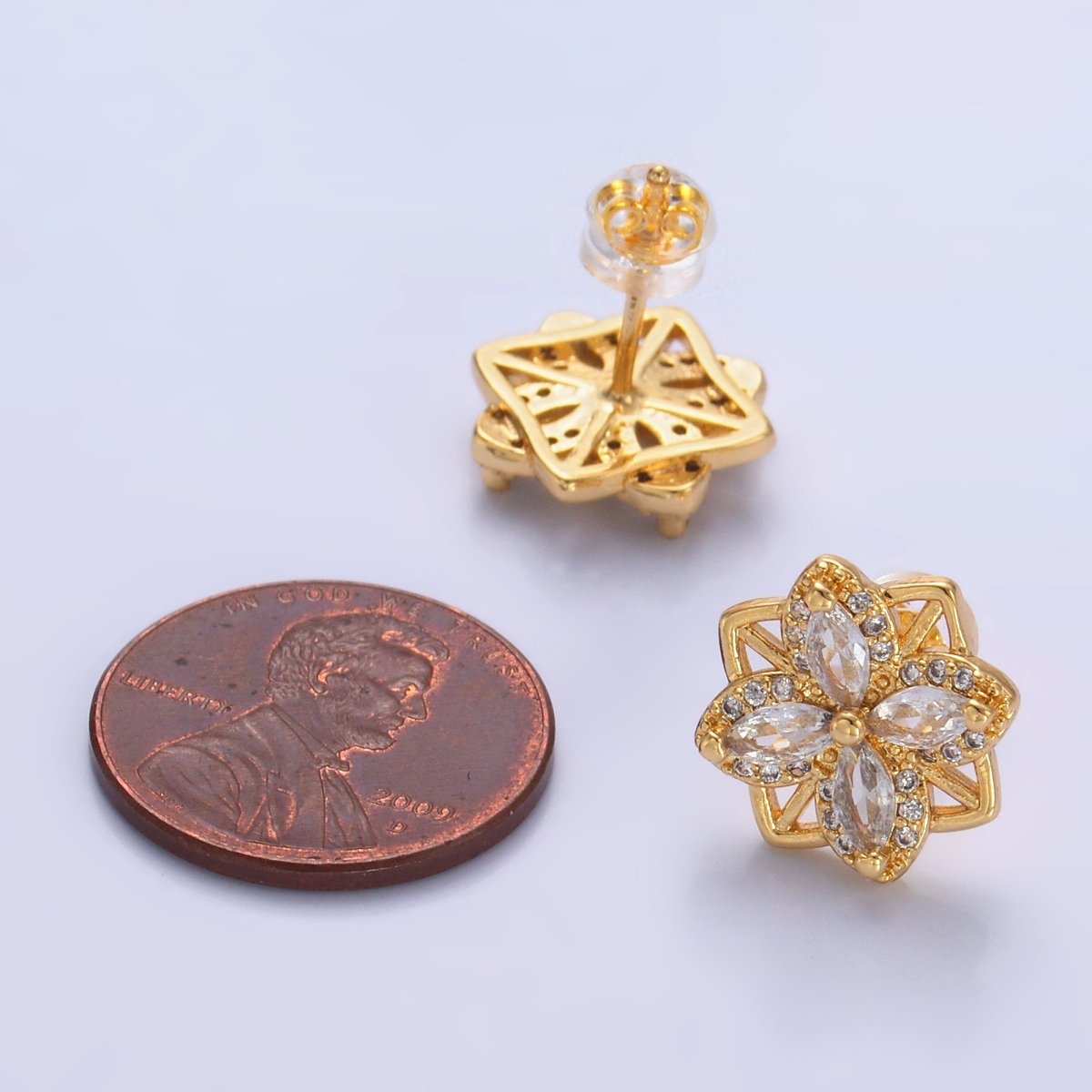 24K Gold Filled Clear CZ Geometric Flower Stud Earrings in Gold & Silver | AB690 AB691 - DLUXCA